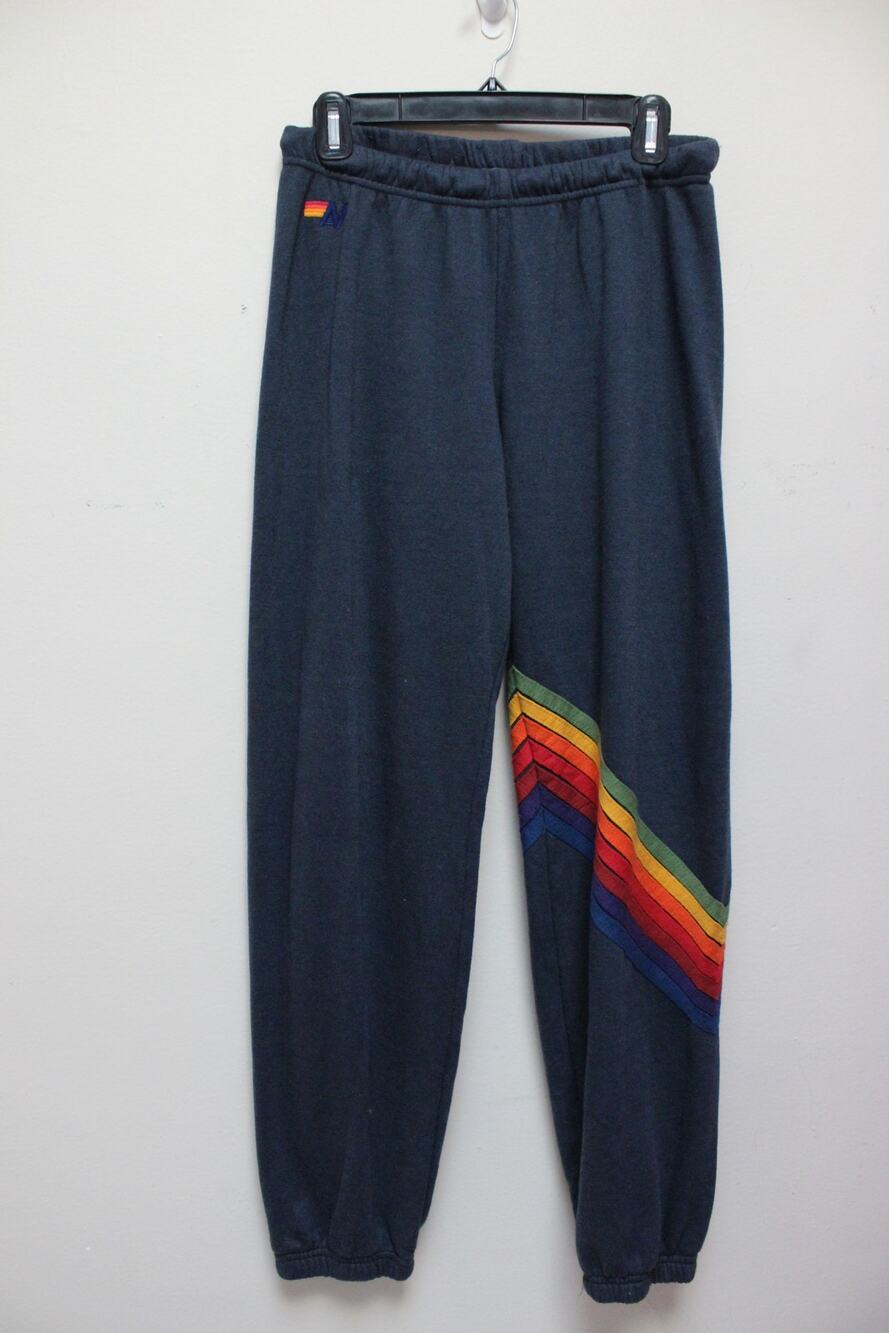 Aviator Nation Black Diagonal Cross Stripe Rainbow Sweatpants Size XL
